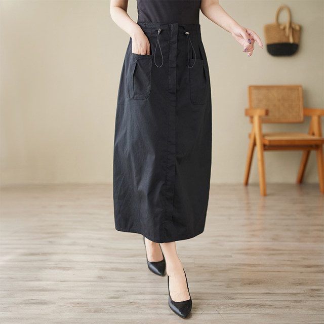 American retro workwear double pocket high waist skirt for women 2024 autumn new style versatile slim mid-length skirt
