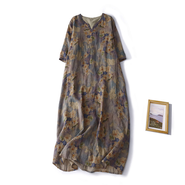 2024 summer new cotton and linen short-sleeved dress for women V-neck embroidered midi skirt retro ramie printed skirt