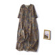2024 summer new cotton and linen short-sleeved dress for women V-neck embroidered midi skirt retro ramie printed skirt