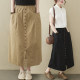 Large size cotton and linen skirt for women summer mid-length 2024 new versatile high-waisted single-breasted casual slit a-line skirt