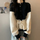 Large size sweet hollow stitching contrasting sweater coat women's autumn and winter niche chic lace-up waist knitted cardigan trendy