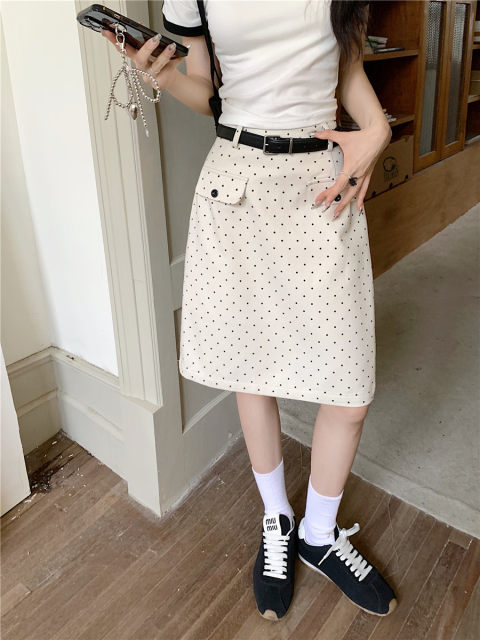 White polka dot skirt pear-shaped body high waist mid-length skirt large size A-line skirt covering hips mid-skirt making it look slim and hip-packing skirt