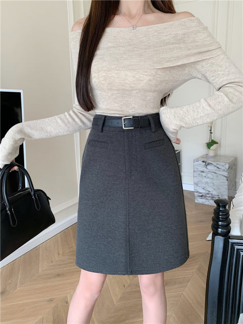 Autumn and winter khaki woolen skirt plus size high-waisted a-line mid-length skirt slimming versatile short skirt one-step hip-covering skirt