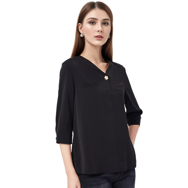Lusi Belle Black Shirt 2025 New Women's Chiffon Cropped Sleeve Shirt Fashion V-neck Professional Commuter Shirt