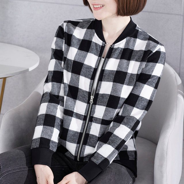 All cotton yellow plaid casual short jacket for women spring and autumn pure cotton large size women's loose baseball uniform sports zipper cardigan