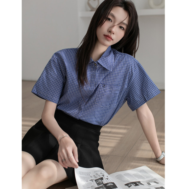 Miu blue plaid short-sleeved shirt top for women 2025 summer new loose casual temperament small shirt
