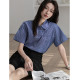 Miu blue plaid short-sleeved shirt top for women 2025 summer new loose casual temperament small shirt