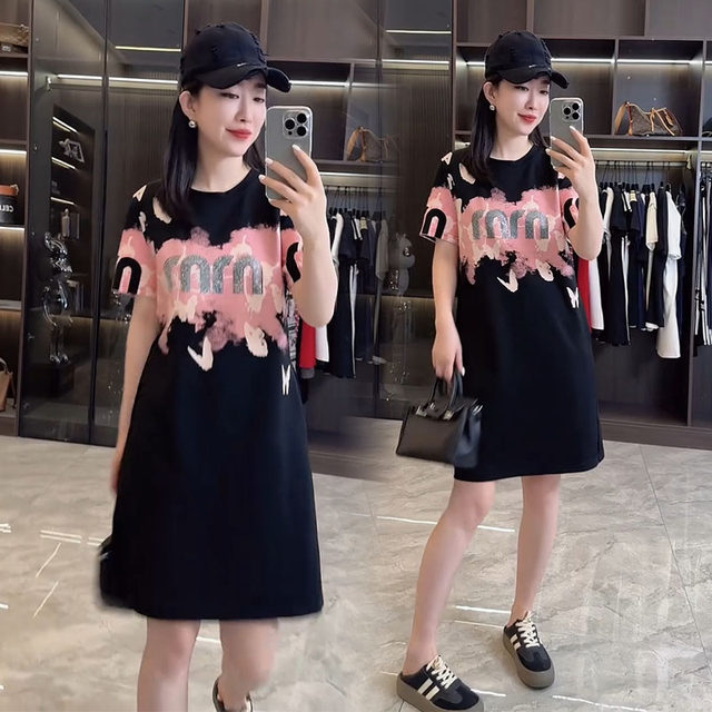 European dress for women 2025 summer new style goddess large size slim and fashionable casual printed short-sleeved T-skirt