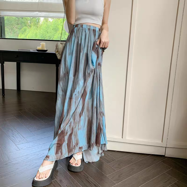 Retro ink tie-dyed pleated skirt for women in summer drooping pleated and smudged wrinkled mesh A-line long skirt
