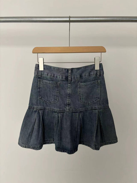 European and American street trend retro old female style anti -walking high -waisted denim skirt short skirt
