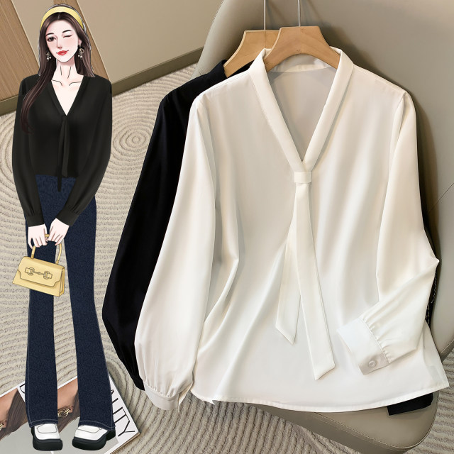 White chiffon bow shirt women's long-sleeved summer thin style large size fat MM200Jin [Jin equals 0.5 kg] design sense professional top