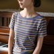 Big round neck T-shirt for women striped short-sleeved summer 2025 new French retro gentle style pink purple one-length top