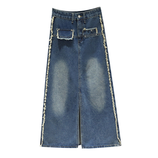 Summer new large size split denim skirt fat MM mid -length high -waist versatile A -line skirt shows thin bag hip skirt