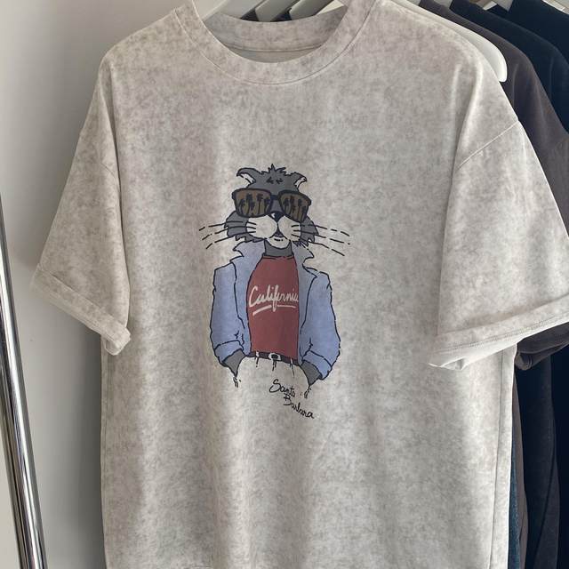 25 summer new tie-dyeing craft cartoon printed sunglasses cat loose round neck women short-sleeved cotton T-type top