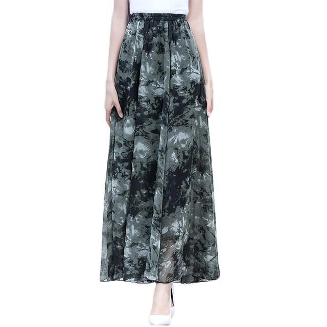 2025 new ink painting printed chiffon long skirt summer mid-length high-waisted beach fairy skirt
