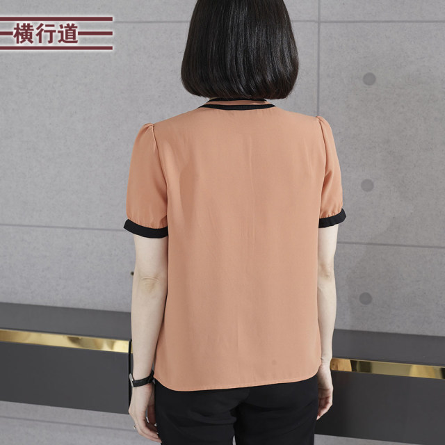 2025 summer new style simple temperament round neck contrasting bow loose short-sleeved chiffon shirt large size top for women