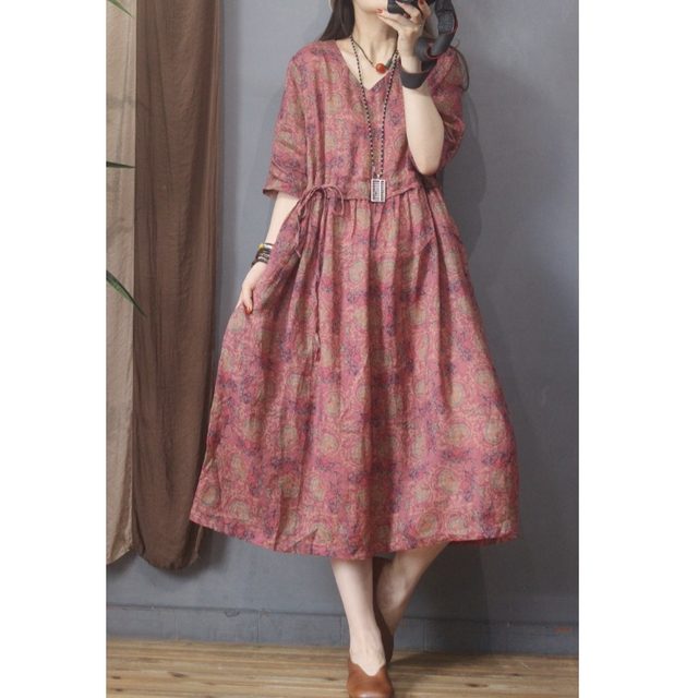 
Blue and white porcelain printed ramie mid-length dress for women, new summer short-sleeved V-neck loose waist-hugging temperament skirt