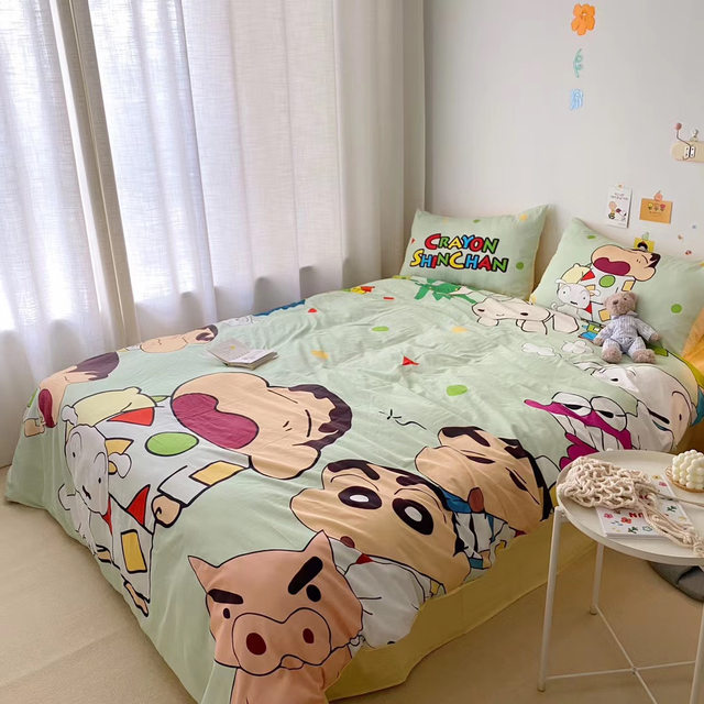 Crayon Shin-chan cotton bed sheet quilt set four-piece Japanese anime cartoon single three-piece set 1.8m fitted sheet bedding