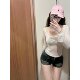 A Korean girl ~ Hot girl is purely slim and big round neck perspective sun protection white thin T-shirt
