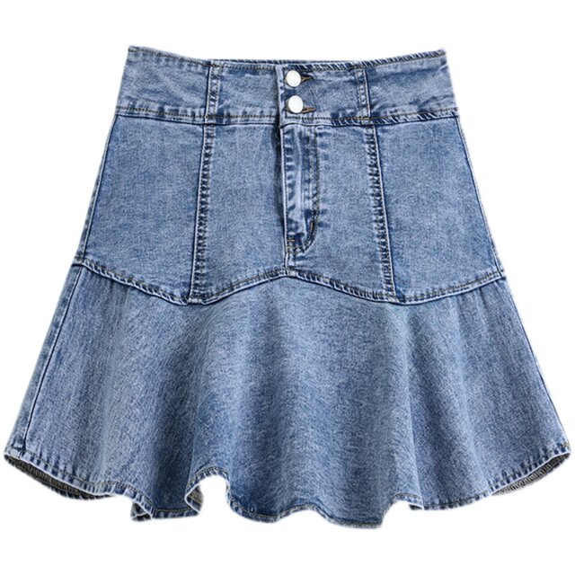 New summer ruffled large size elastic denim skirt for women with belly-covering and fat mm anti-exposure A-line skirt skirt