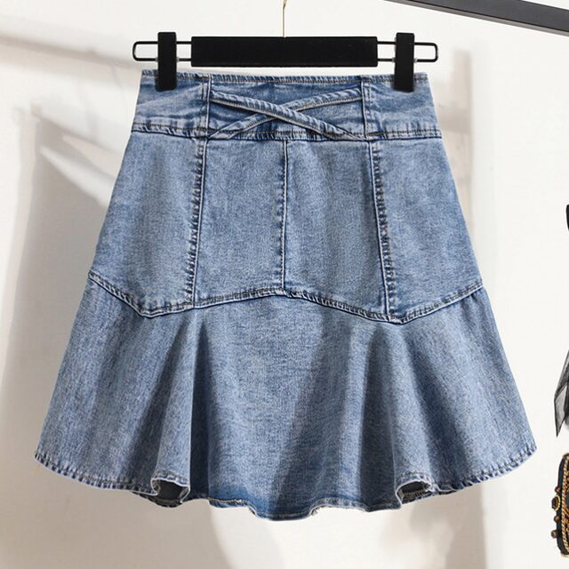 New summer ruffled large size elastic denim skirt for women with belly-covering and fat mm anti-exposure A-line skirt skirt