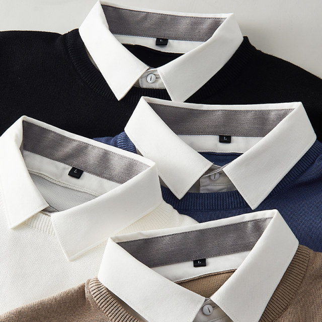 Fake two-piece sweater for men in autumn and winter, men's customized work inner layer, men's sweater top with shirt collar