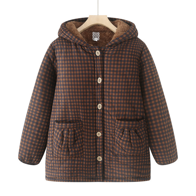 Winter clothing plus velvet and thick plaid cotton jacket for women, quilted hooded cotton coat, middle-aged and elderly mother's casual warm cotton coat