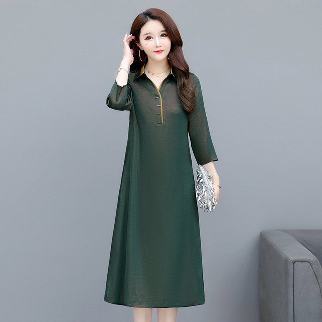 New long dress shirt collar retro short-sleeved middle-aged and elderly A-line skirt mother dress summer light and fashionable skirt