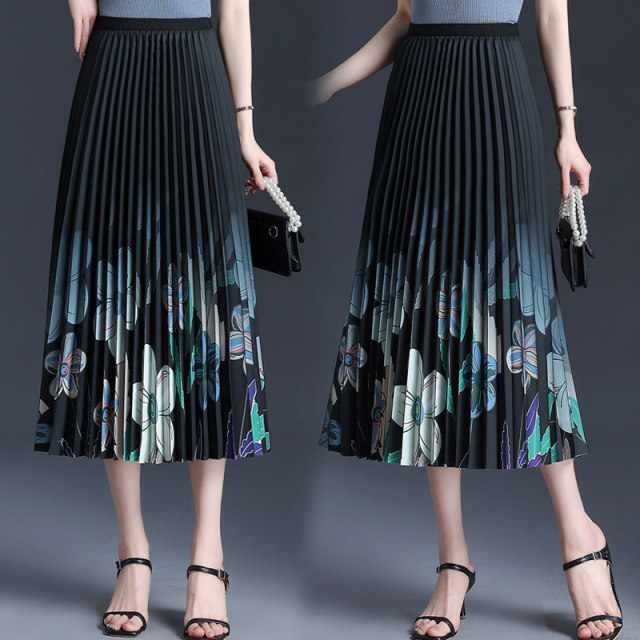Printed pleated skirt A-line skirt 2025 spring and summer high waist stylish mid-length large hem skirt Chinese style horse-face skirt
