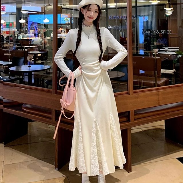 Coat, half turtleneck knitted dress for women, autumn and winter French white temperament, inner layer, thick fishtail long skirt