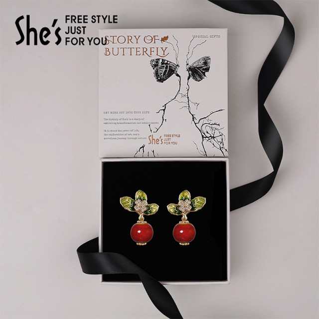 Shes Qianzi artistic conception oriental style new Chinese style hawthorn fruit earrings 925 silver needle earrings for women light luxury earrings