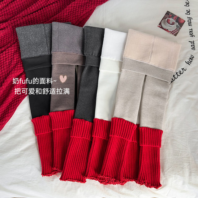 
Children's leggings autumn and winter new style plus velvet thickened versatile outer wear red socks set splicing girls warm nine-point pants long