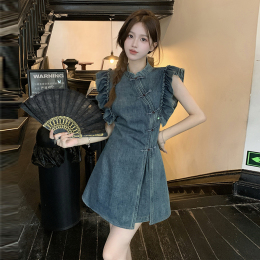 New Chinese retro plate buttoned cheongsam improved cowboy dress spring and autumn design sense of small fly sleeves a short skirt