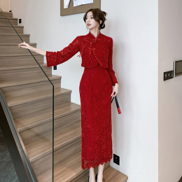 Toasting Bride Cheongsam Wine Red Little Men Custom Wedding Dress Chinese Improved Wedding Long Sleeves Winter