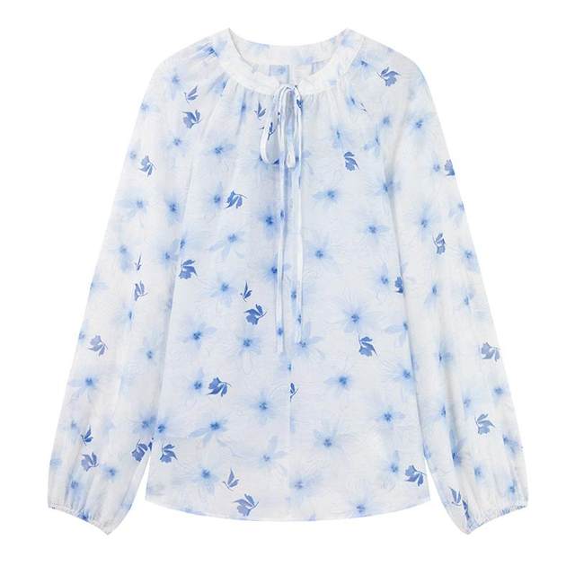 Qiushui Yiren gentle wind floral chiffon shirt 2024 new autumn women's see-through outer blouse suspender suit