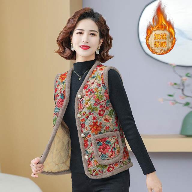 Middle-aged and elderly women's vest jacket warm plus velvet thickened cotton coat mother winter cotton jacket vest cotton jacket
