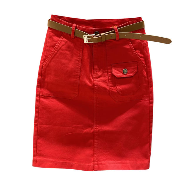2025 spring and summer fashionable big red denim skirt women's high waist elastic mid skirt makes them look thin and one-step hip-wrapped skirt
