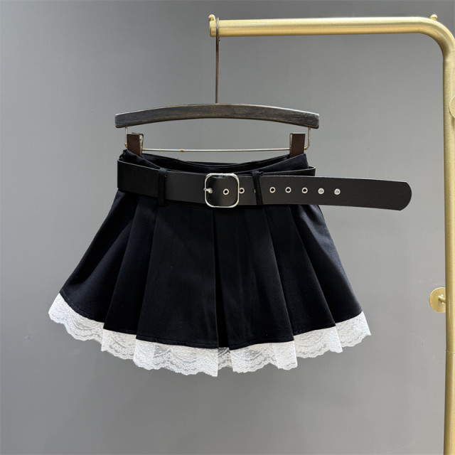 College style sweet lace-edged suit pleated skirt for women in summer new high-waisted skirt anti-exposure A-line skirt
