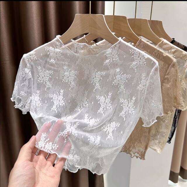 Black lace base shirt for women in summer suspender skirt for women with sexy transparent hollow mesh short sleeve T-shirt thin
