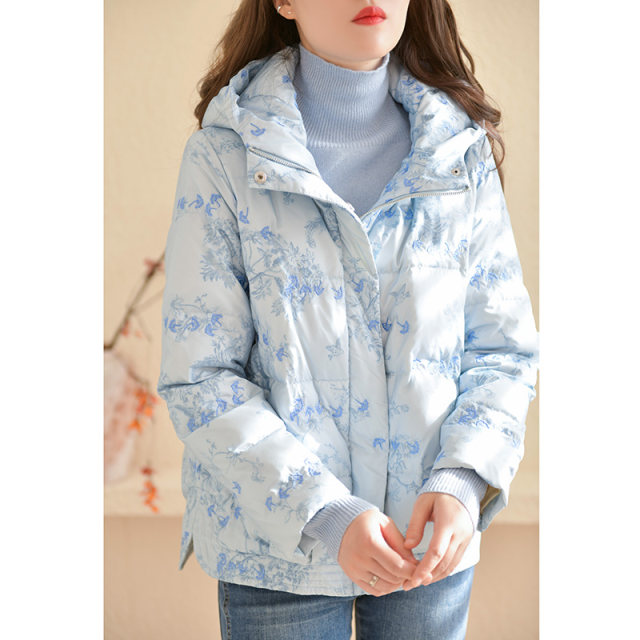 GESGOO fashion hooded blue down jacket female autumn and winter 2024 new embroidery design white duck down jacket to keep warm
