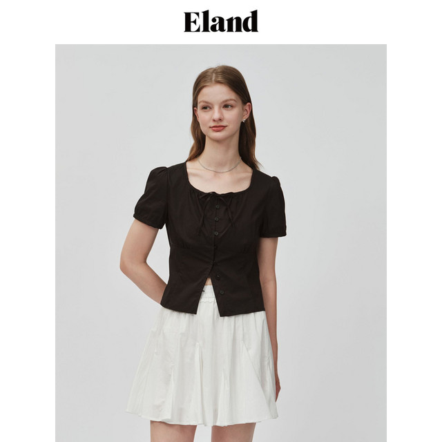 Eland shirt women's puff sleeves square collar folded waist slimming date top summer