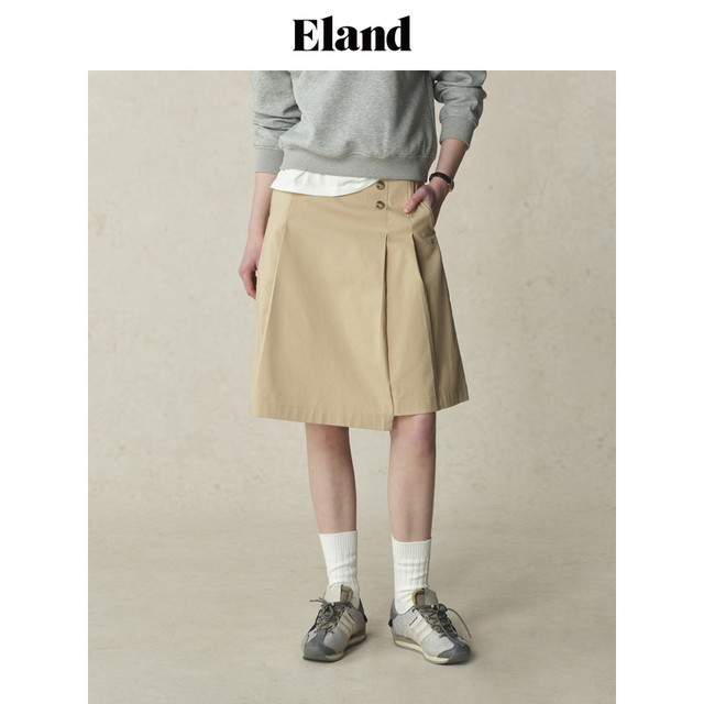Eland Clothes Skirt Women's College Slant Slide Asymmetric Micro-Pin-Put Pleated Long Skirt 2025 Summer New Style