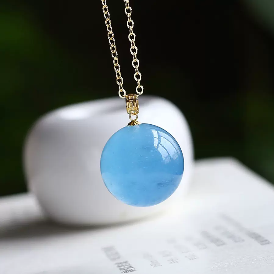 天然冰種海藍寶轉運珠吊墜18k鑲嵌女式款圓珠鎖骨