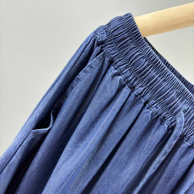 Tennis denim long skirt skirt women's 2025 spring and summer new high-end elastic waist side pocket pleated skirt A-line skirt