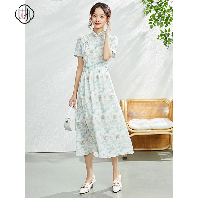 
Stubborn summer new Chinese stand-up collar puff sleeve printed short-sleeved dress 42632LQ08178