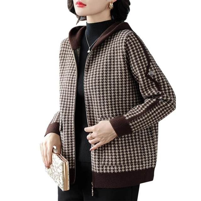 
Middle-aged mother brand spring houndstooth woolen coat with western style 2025 new style for middle-aged and elderly women with velvet for spring, autumn and winter