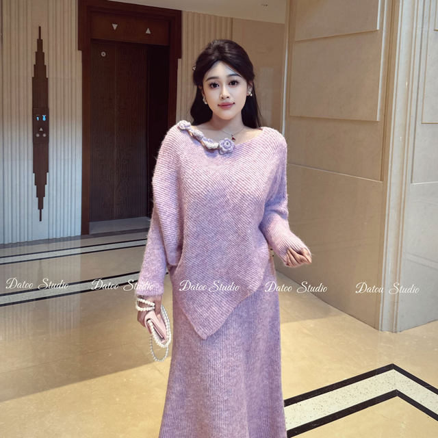 DATOO Slightly Fat Large Size Lazy Irregular Sweater Knitted Skirt Suit Autumn