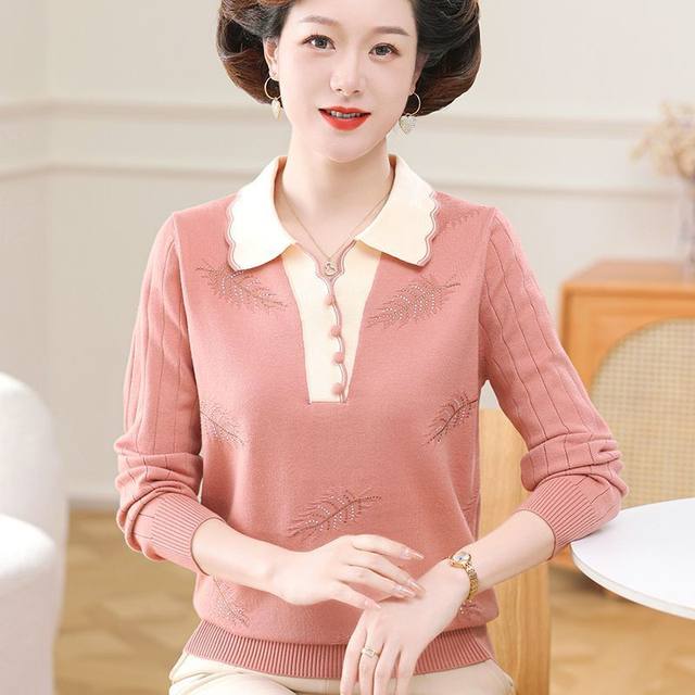 Mom's Spring and Autumn Two-piece Lapel Loose Top Middle-aged and Elderly Women's Knitted Sweater Winter Fashion Set