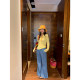 Jinyu Huahua Printed Jeans for Women 2025 New Early Spring Design Elastic Waist Niche Flag-bottom Trousers
