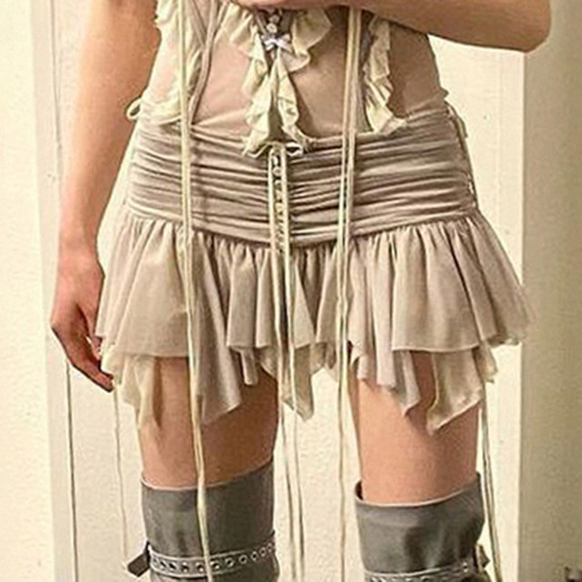 MSYOUCAN Show mesh spliced ​​pleated lace-up tassel skirt low-waisted hot girl old-fashioned miniskirt